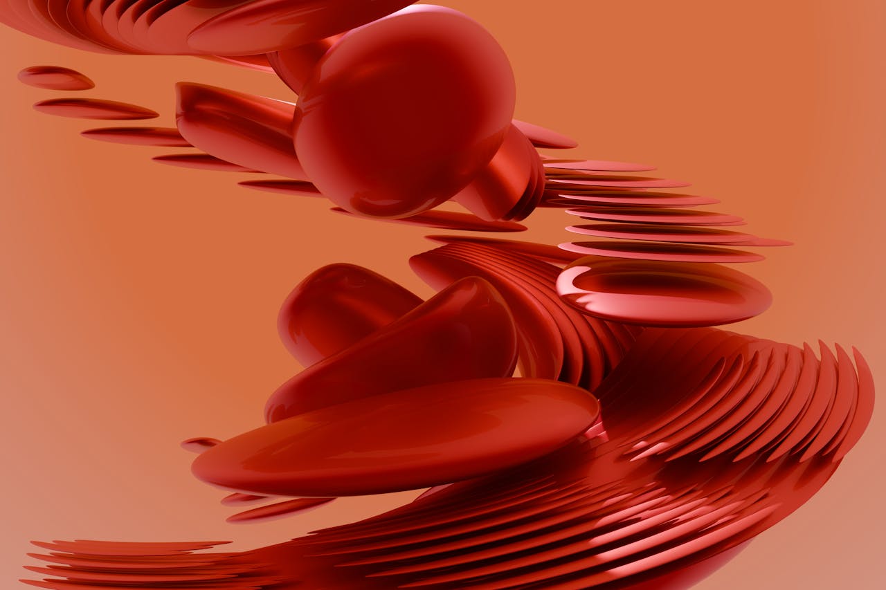 Vibrant red abstract 3D rendering with dynamic curves and glossy surfaces, perfect for modern aesthetics.