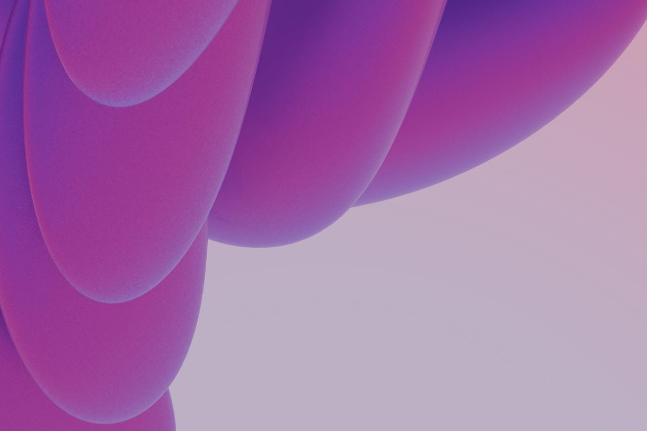 A modern abstract 3D render featuring smooth curves in vibrant purple and pink gradients.